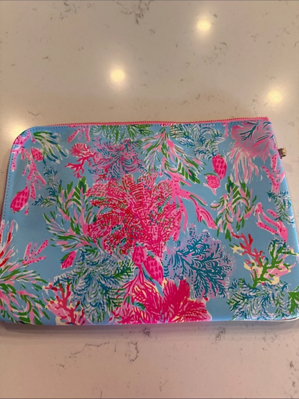 Lilly Pulitzer Blue Floral Zip Pouch with Pink and Green Accents